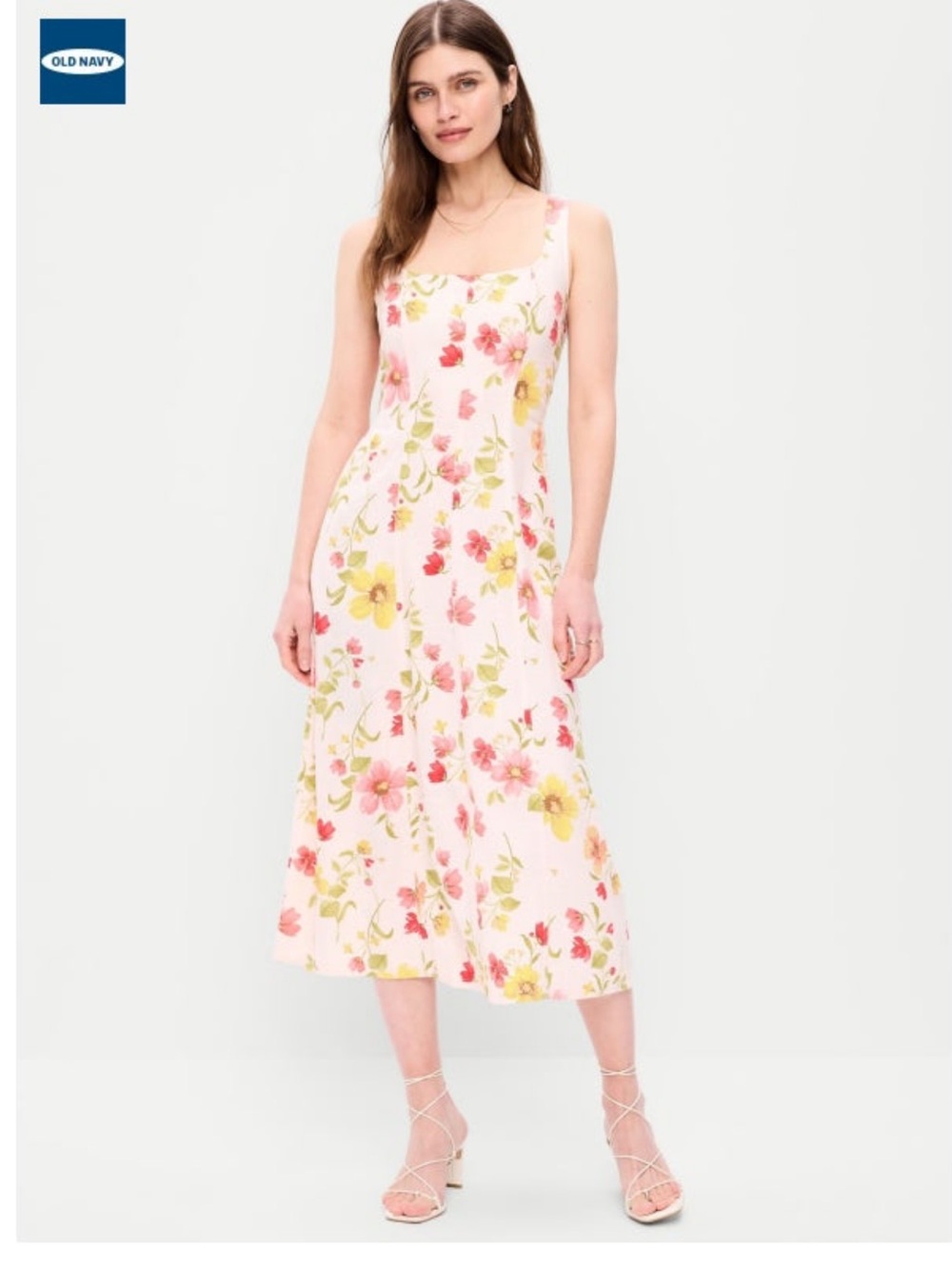 Old Navy Pink Floral Square-Neck Midi Dress